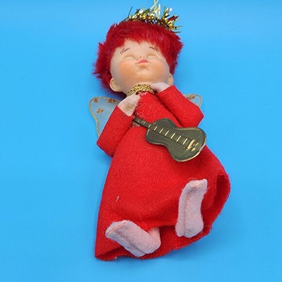 Vintage 1950s Napco Red Hair Pixie Angel Ornament Felt Elf Japan Tinsel Guitar - Picture 9 of 9